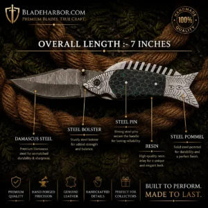 7 inch handmade Damascus fish knife with resin handle and steel pommel