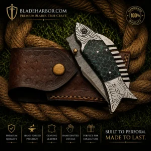 7 inch handmade Damascus fish knife with resin handle and steel pommel