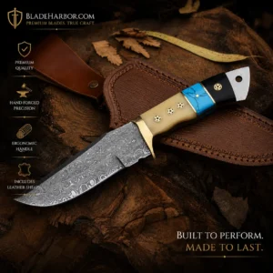 Handmade Damascus knife with turquoise handle and leather sheath